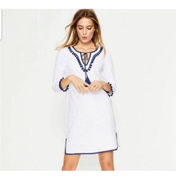 Boden Boho  Knee Length Slubbed Cotton Shift Dress White with Blue Detailing Siz - Picture 1 of 9